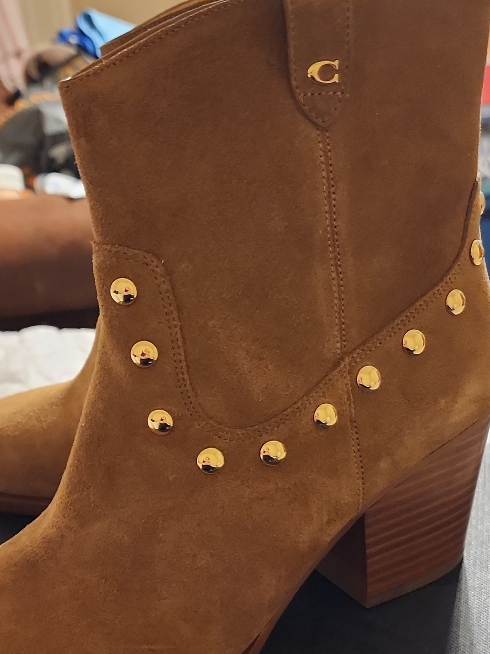 Coach Brown Suede Gold-Stud Ankle Booties